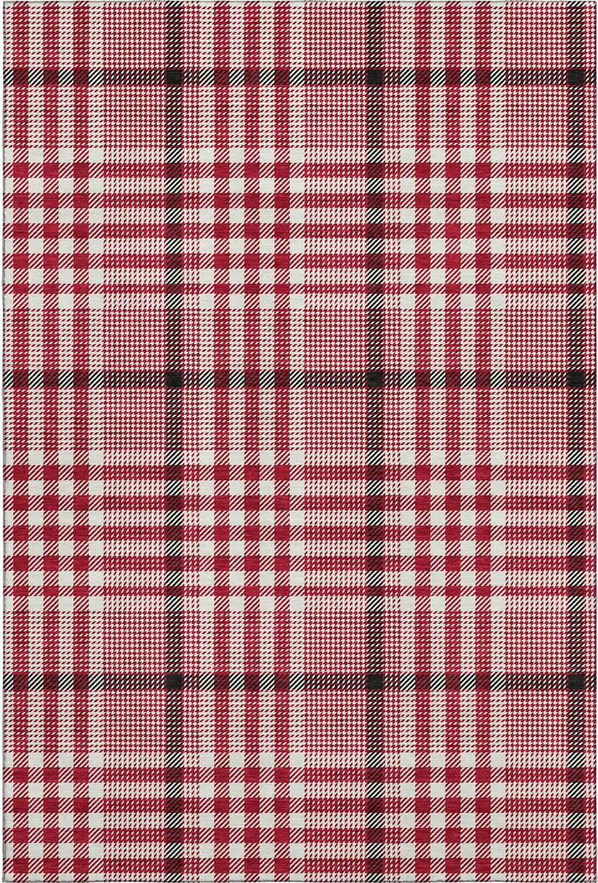 Red Ivory And Black Plaid Washable Area Rug With UV Protection Photo 1