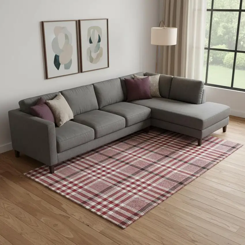 Red Ivory And Black Plaid Washable Area Rug With UV Protection Photo 2