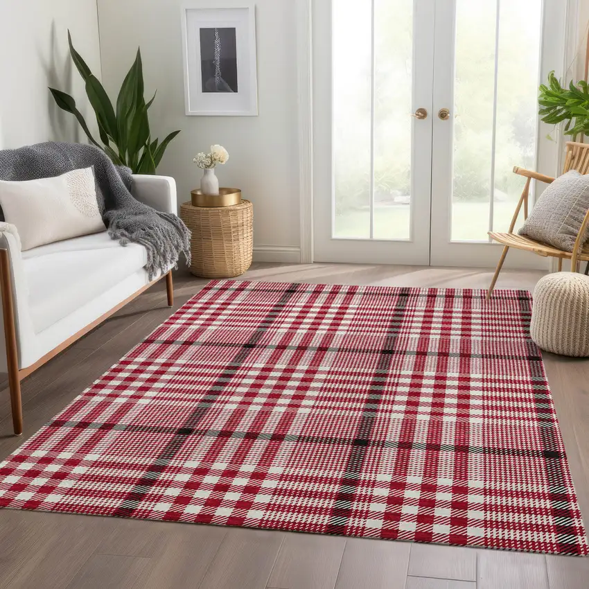 Red Ivory And Black Plaid Washable Area Rug With UV Protection Photo 5