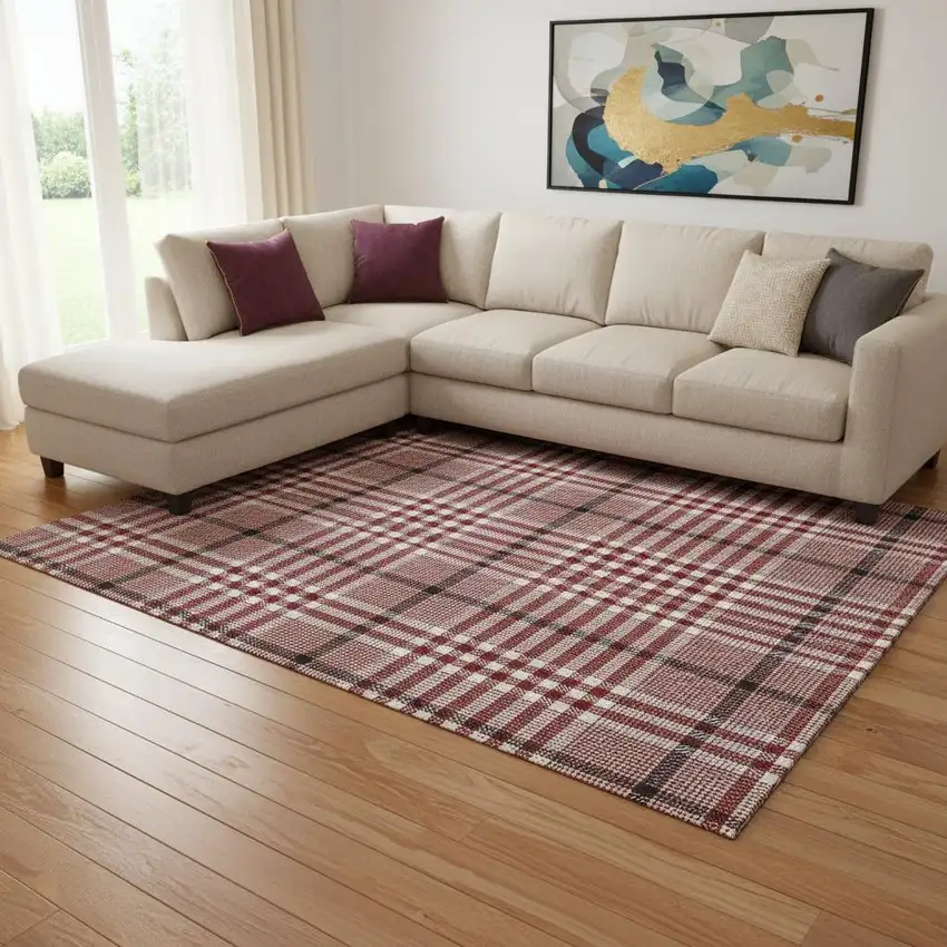 Red Ivory And Black Plaid Washable Area Rug With UV Protection Photo 2