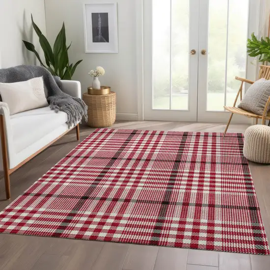 Red Ivory And Black Plaid Washable Area Rug With UV Protection Photo 5