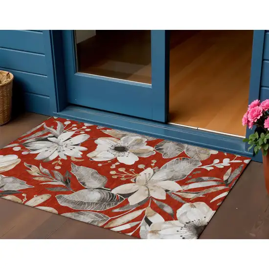 Red Ivory And Charcoal Floral Washable Indoor Outdoor Area Rug Photo 1