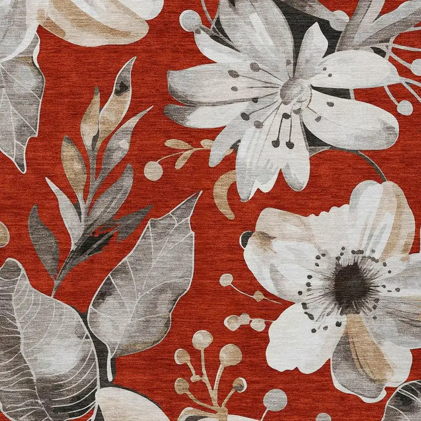 Red Ivory And Charcoal Floral Washable Indoor Outdoor Area Rug Photo 7