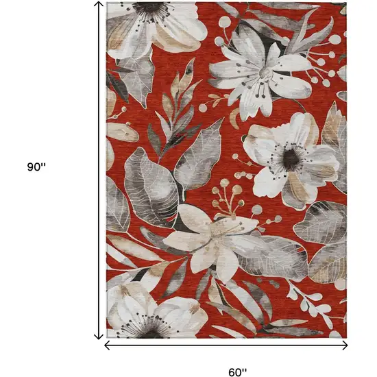 Red Ivory And Charcoal Floral Washable Indoor Outdoor Area Rug Photo 3