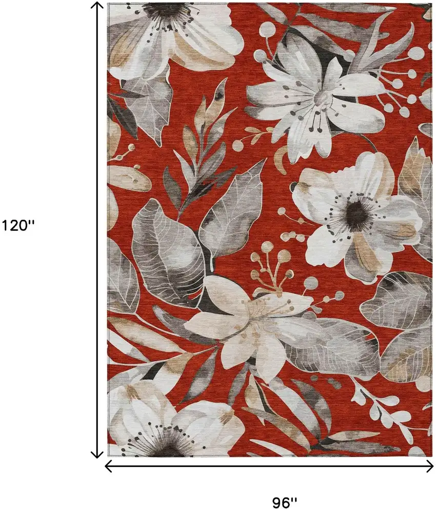 Red Ivory And Charcoal Floral Washable Indoor Outdoor Area Rug Photo 3