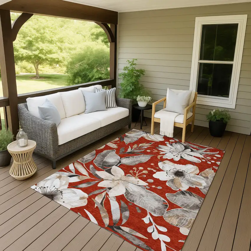 Red Ivory And Charcoal Floral Washable Indoor Outdoor Area Rug Photo 9
