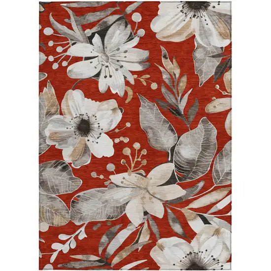Red Ivory And Charcoal Floral Washable Indoor Outdoor Area Rug Photo 5