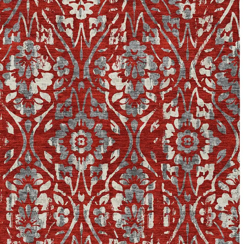 Red Ivory And Dark Gray Floral Washable Indoor Outdoor Area Rug Photo 7
