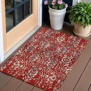 Photo of Red Ivory And Dark Gray Floral Washable Indoor Outdoor Area Rug
