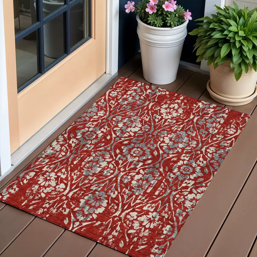 Red Ivory And Dark Gray Floral Washable Indoor Outdoor Area Rug Photo 1