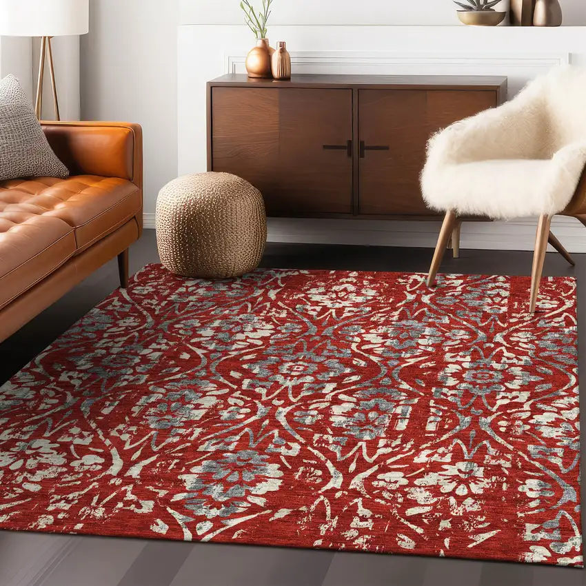 Red Ivory And Dark Gray Floral Washable Indoor Outdoor Area Rug Photo 9