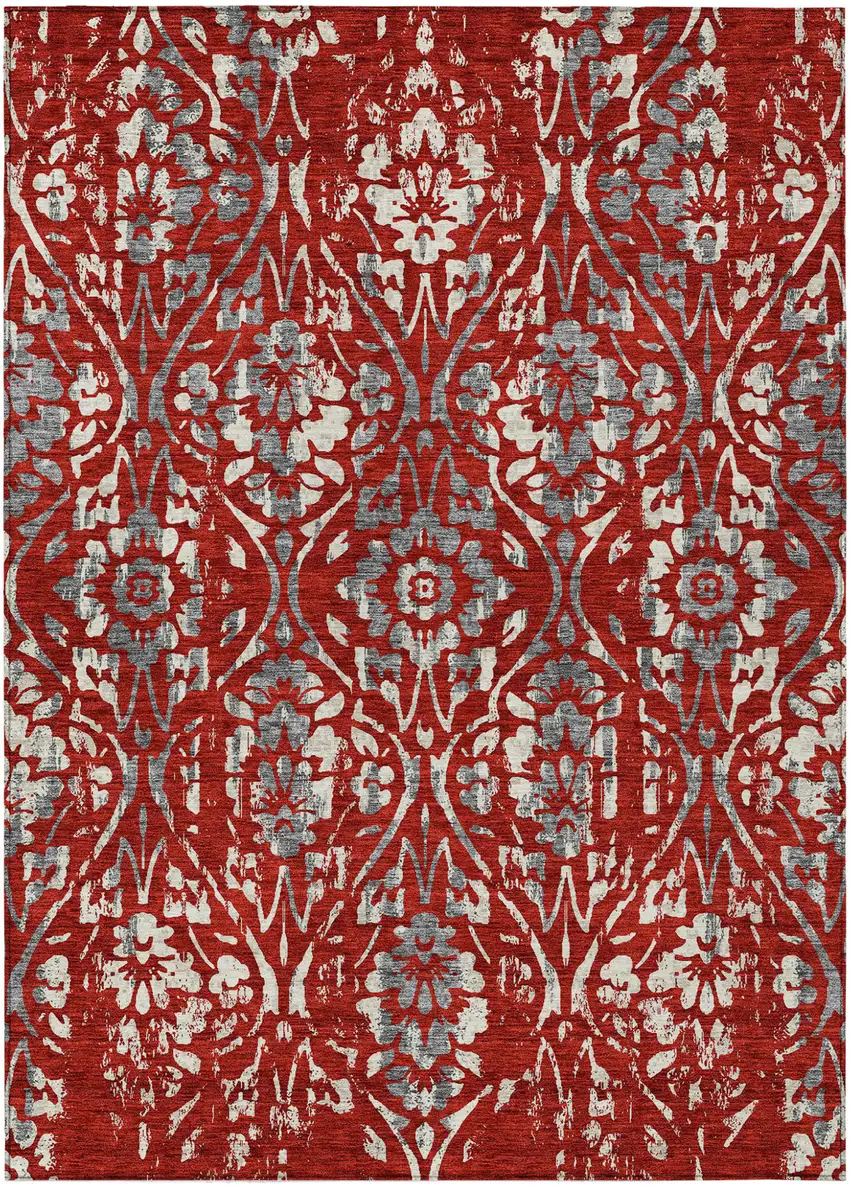 Red Ivory And Dark Gray Floral Washable Indoor Outdoor Area Rug Photo 2