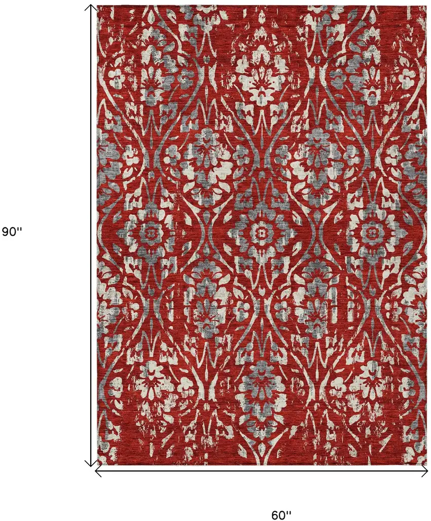 Red Ivory And Dark Gray Floral Washable Indoor Outdoor Area Rug Photo 3