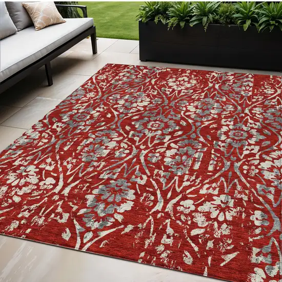Red Ivory And Dark Gray Floral Washable Indoor Outdoor Area Rug Photo 1
