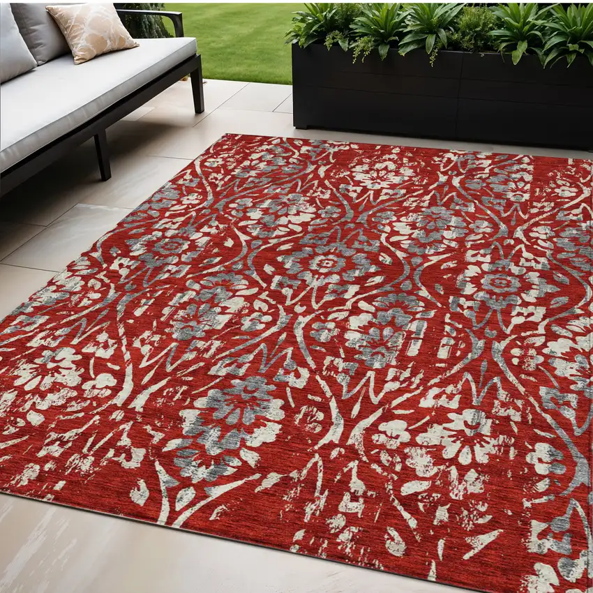 Red Ivory And Dark Gray Floral Washable Indoor Outdoor Area Rug Photo 1