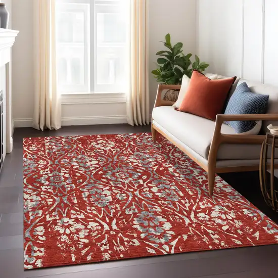 Red Ivory And Dark Gray Floral Washable Indoor Outdoor Area Rug Photo 9