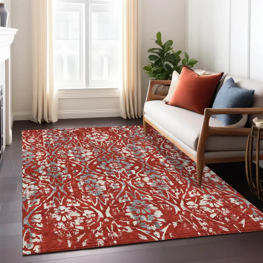 Red Ivory And Dark Gray Floral Washable Indoor Outdoor Area Rug Photo 9