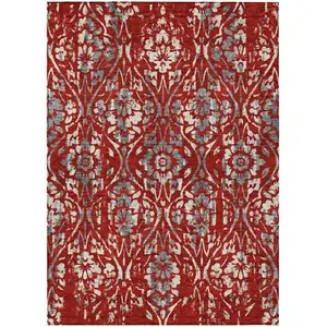 Photo of Red Ivory And Dark Gray Floral Washable Indoor Outdoor Area Rug