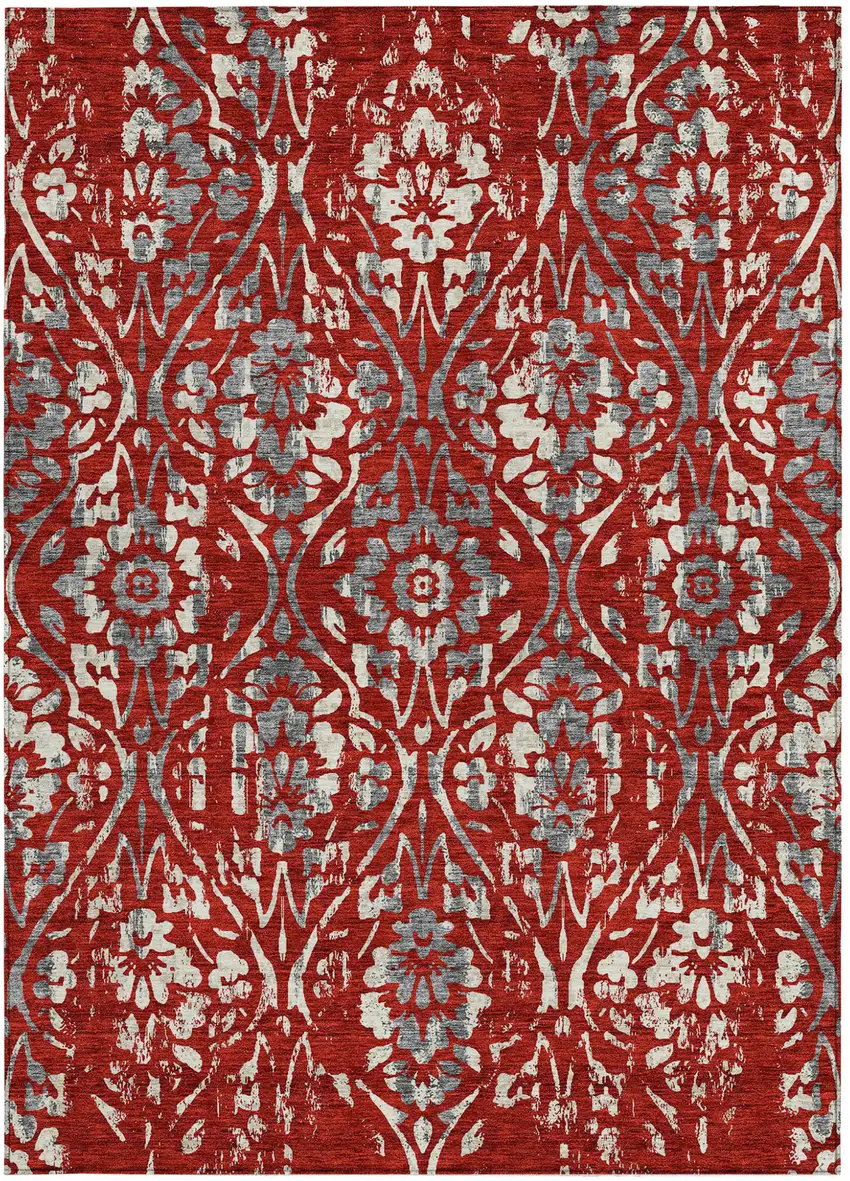 Red Ivory And Dark Gray Floral Washable Indoor Outdoor Area Rug Photo 7