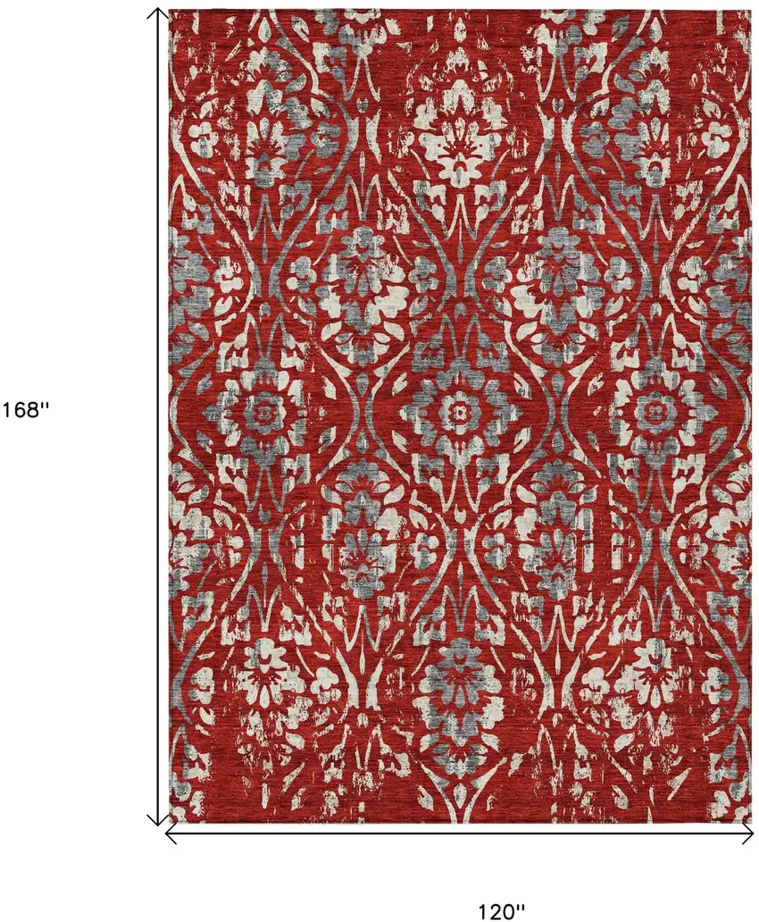 Red Ivory And Dark Gray Floral Washable Indoor Outdoor Area Rug Photo 3