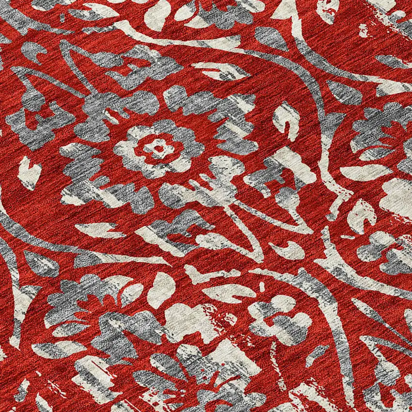Red Ivory And Dark Gray Floral Washable Indoor Outdoor Area Rug Photo 6