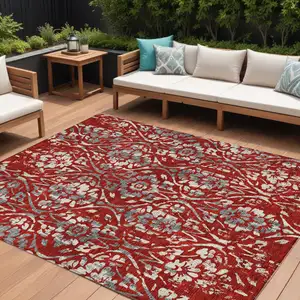 Photo of Red Ivory And Dark Gray Floral Washable Indoor Outdoor Area Rug