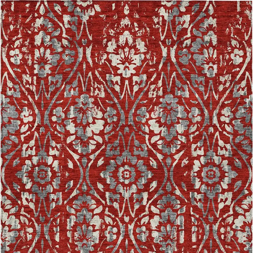 Red Ivory And Dark Gray Floral Washable Indoor Outdoor Area Rug Photo 8