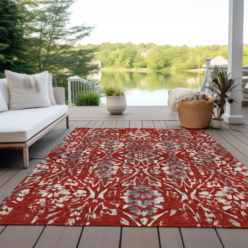 Red Ivory And Dark Gray Floral Washable Indoor Outdoor Area Rug Photo 9