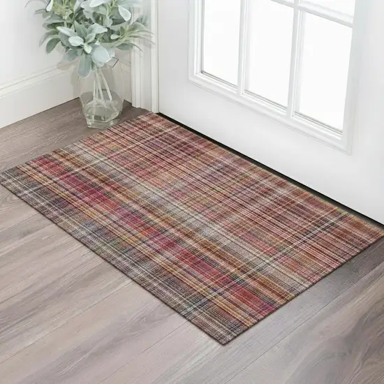 Red Ivory And Gold Plaid Washable Area Rug With UV Protection Photo 1