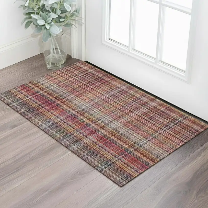 Red Ivory And Gold Plaid Washable Area Rug With UV Protection Photo 1