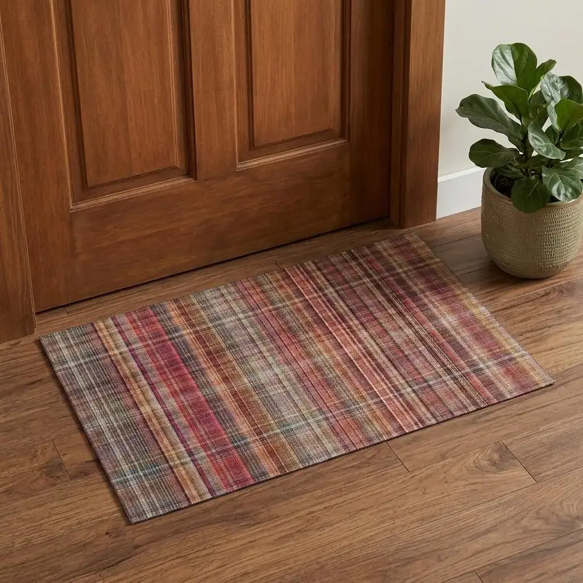 Red Ivory And Gold Plaid Washable Area Rug With UV Protection Photo 1