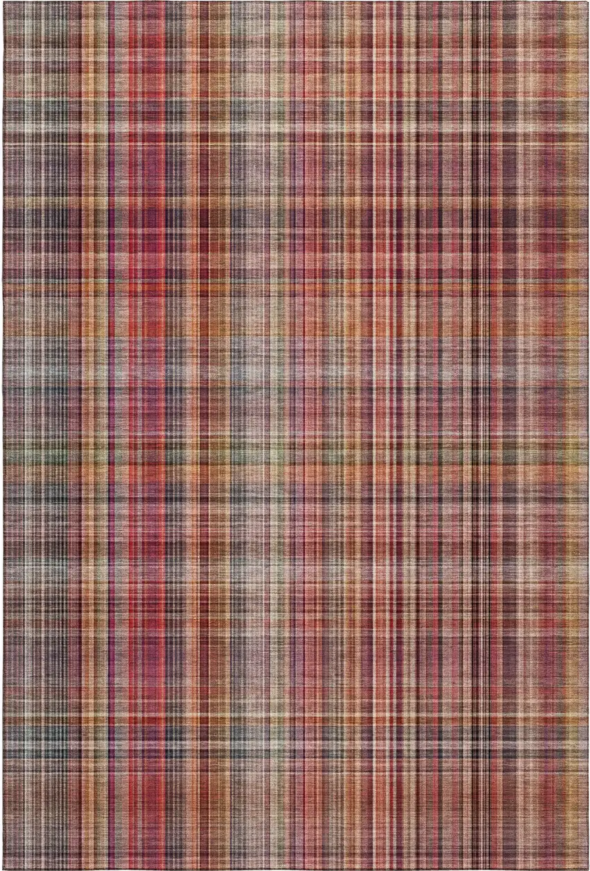 Red Ivory And Gold Plaid Washable Area Rug With UV Protection Photo 1