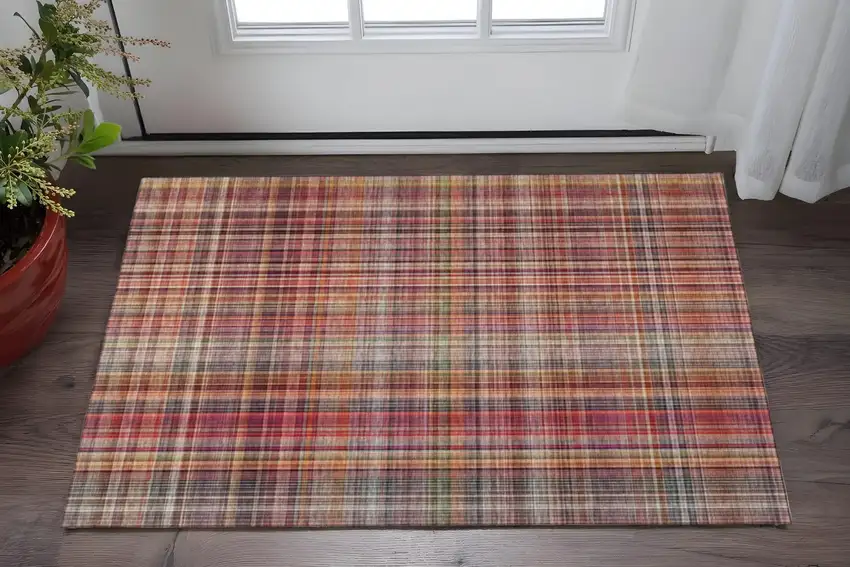Red Ivory And Gold Plaid Washable Area Rug With UV Protection Photo 2