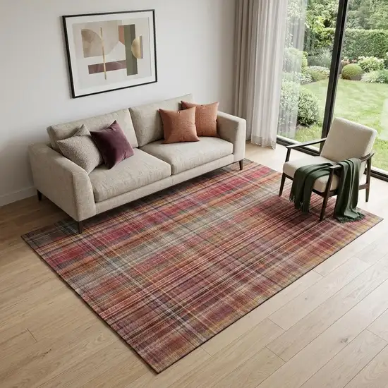 Red Ivory And Gold Plaid Washable Area Rug With UV Protection Photo 1