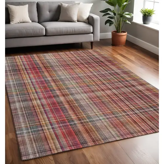 Red Ivory And Gold Plaid Washable Area Rug With UV Protection Photo 2