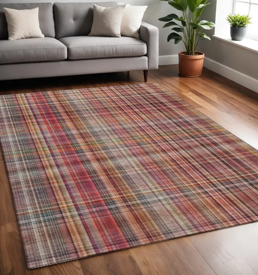 Red Ivory And Gold Plaid Washable Area Rug With UV Protection Photo 2