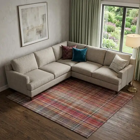 Red Ivory And Gold Plaid Washable Area Rug With UV Protection Photo 1