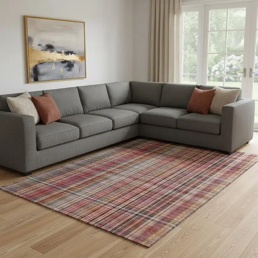 Red Ivory And Gold Plaid Washable Area Rug With UV Protection Photo 1