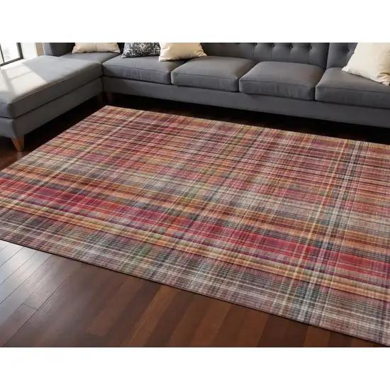 Red Ivory And Gold Plaid Washable Area Rug With UV Protection Photo 2