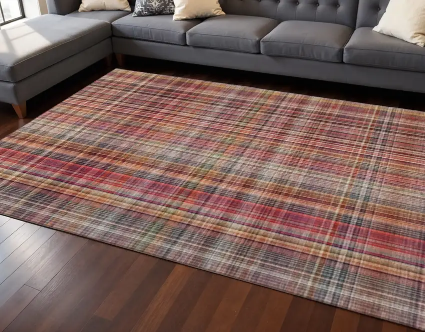 Red Ivory And Gold Plaid Washable Area Rug With UV Protection Photo 2