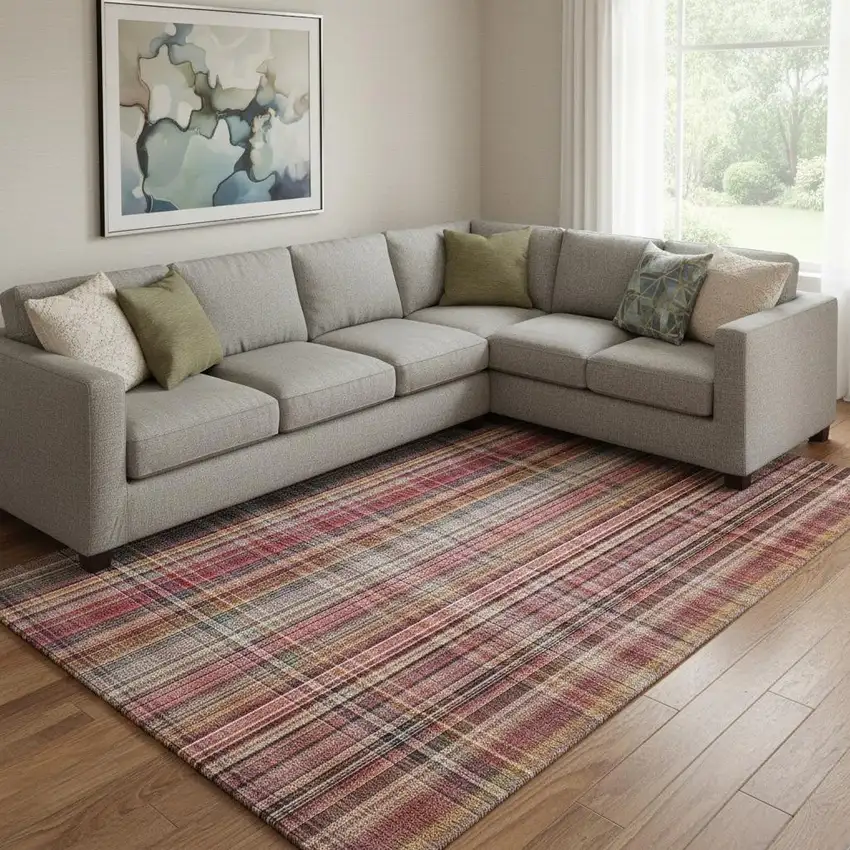 Red Ivory And Gold Plaid Washable Area Rug With UV Protection Photo 1