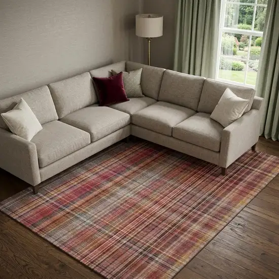 Red Ivory And Gold Plaid Washable Area Rug With UV Protection Photo 1