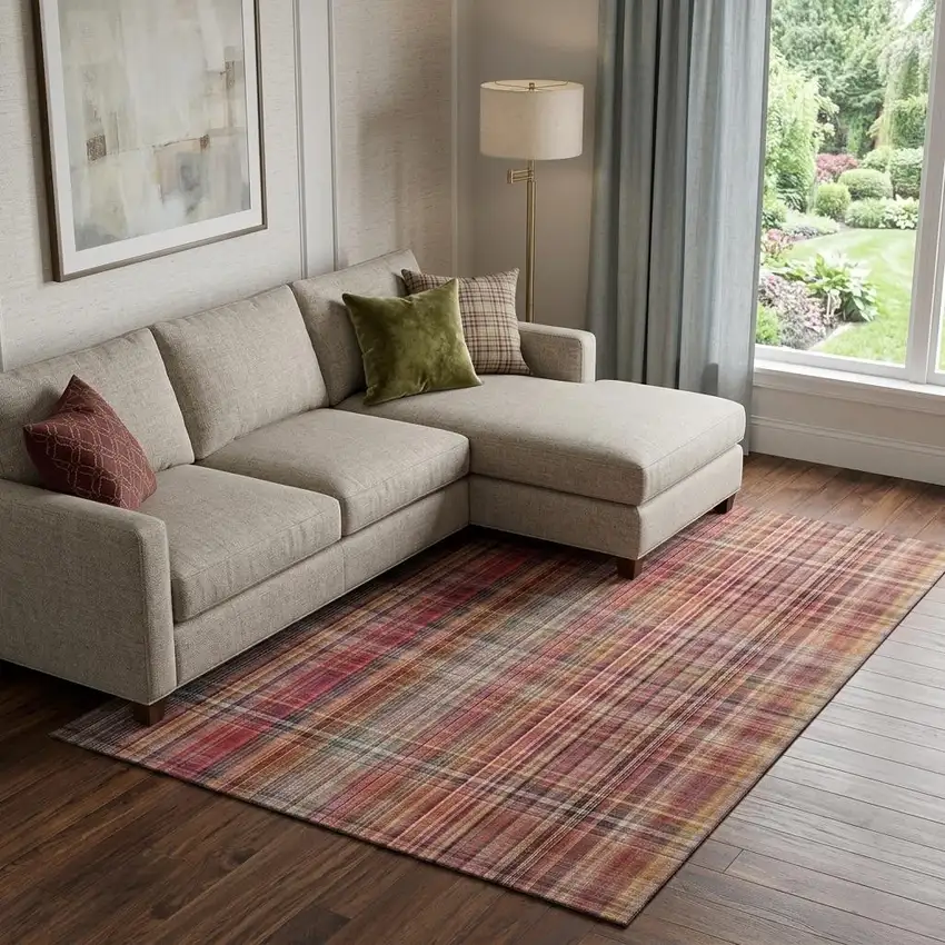 Red Ivory And Gold Plaid Washable Area Rug With UV Protection Photo 1