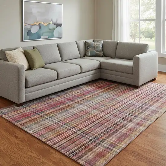 Red Ivory And Gold Plaid Washable Area Rug With UV Protection Photo 1