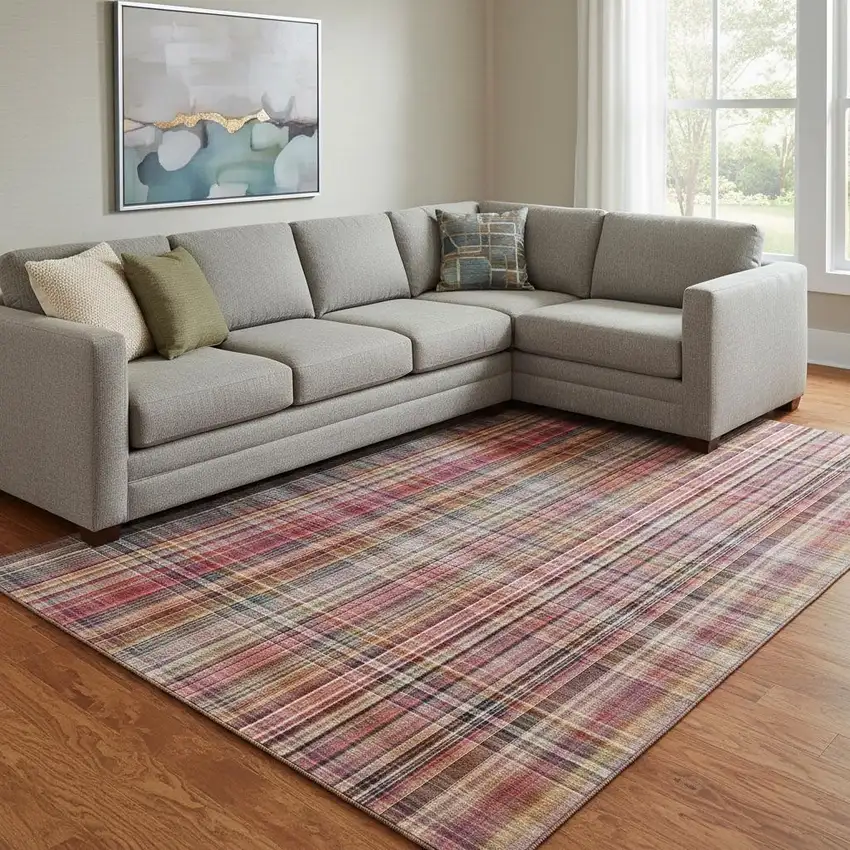 Red Ivory And Gold Plaid Washable Area Rug With UV Protection Photo 1