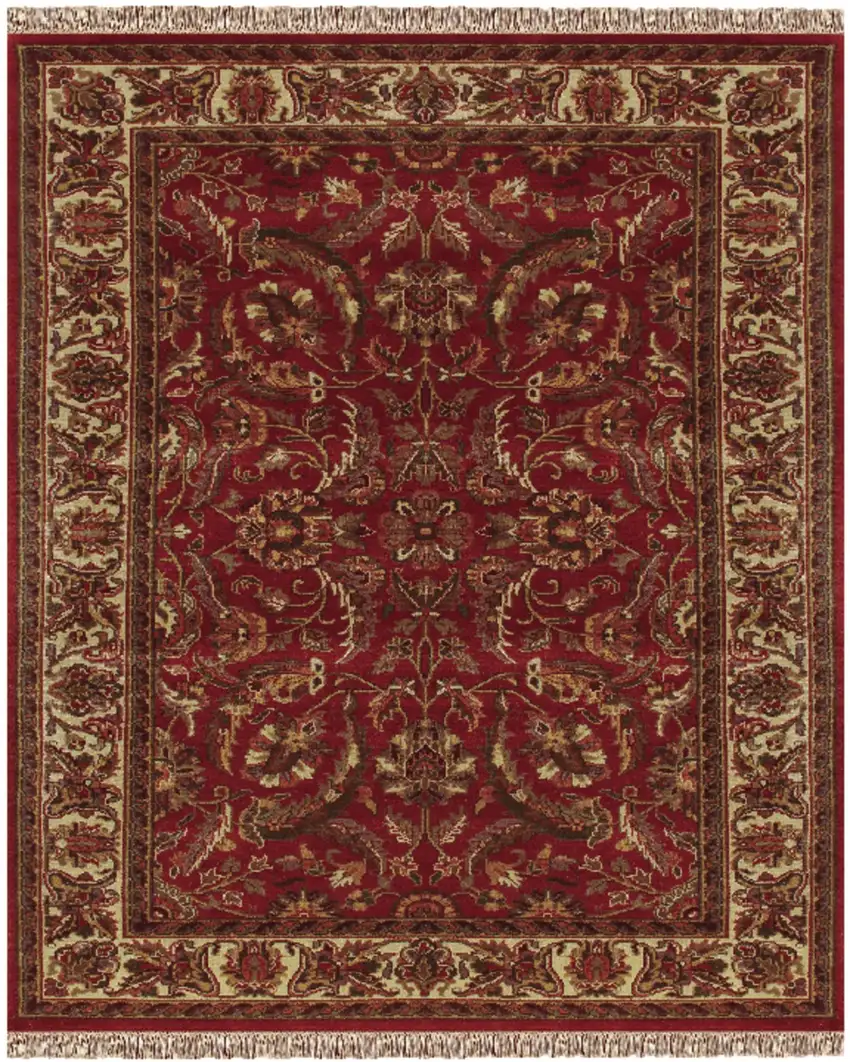 Red Ivory And Gold Wool Oriental Hand Knotted Area Rug With Fringe Photo 2