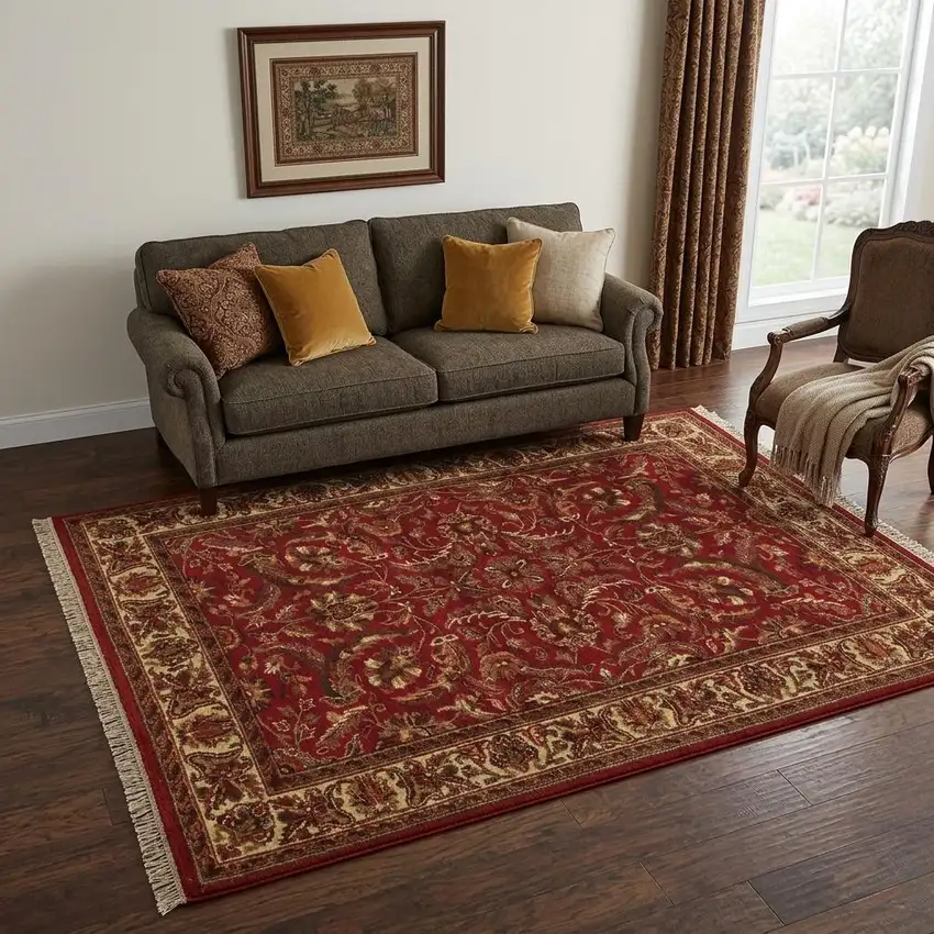 Red Ivory And Gold Wool Oriental Hand Knotted Area Rug With Fringe Photo 1