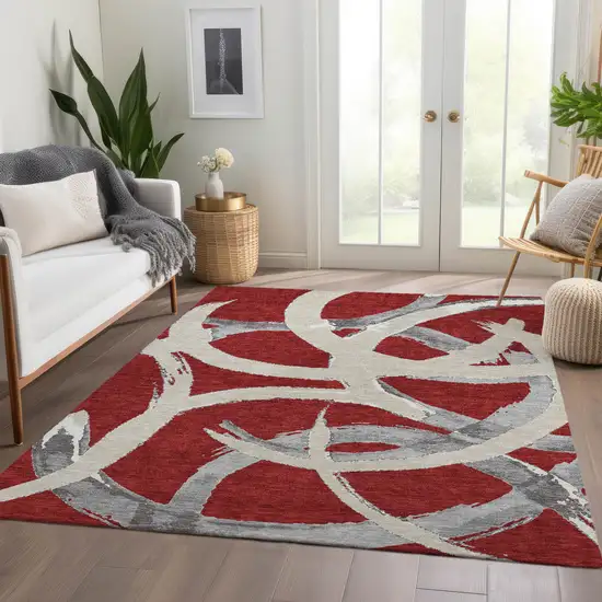 Red Ivory And Gray Abstract Washable Area Rug With UV Protection Photo 4