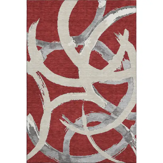 Red Ivory And Gray Abstract Washable Area Rug With UV Protection Photo 1
