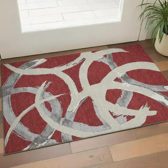 Red Ivory And Gray Abstract Washable Area Rug With UV Protection Photo 2